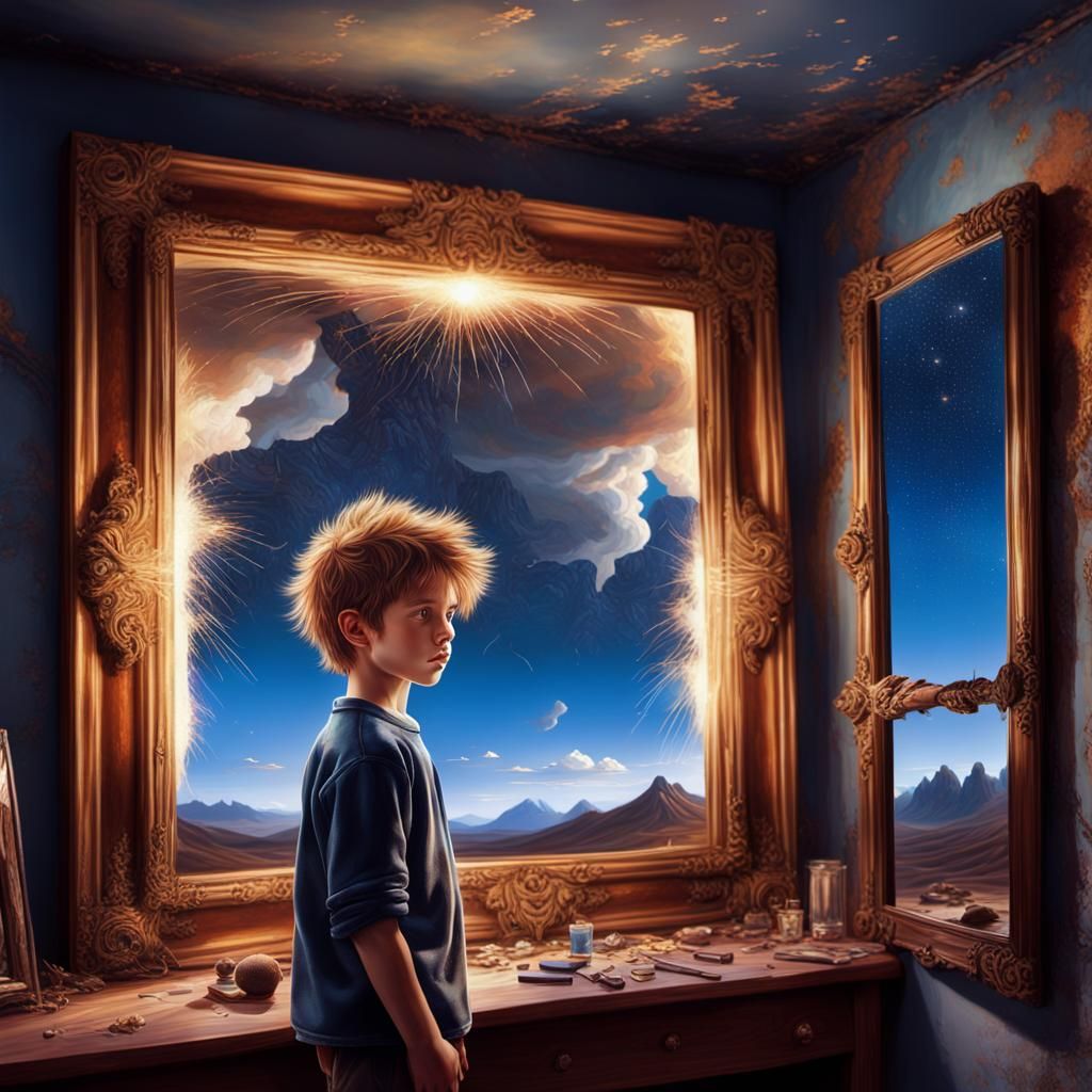 Boy Admiring Himself in Mirror, Fantasy Concept Art