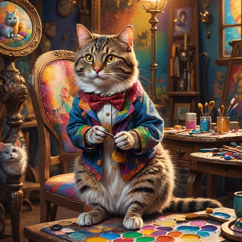 Cat Artist Painting a Mouse, Whimsical Digital Art