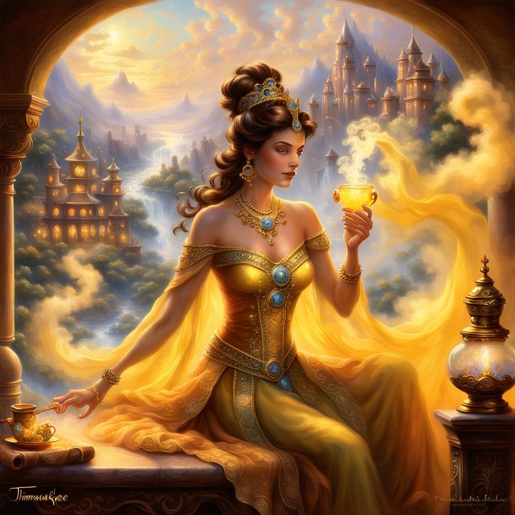 Yellow and brown theme, <subject> gorgeous Genie Queen, 1 br...