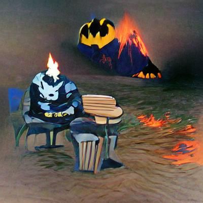 Dark knight sitting next to campfire surrealism