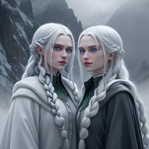 Witches, twins, 11-years old teenagers, white hair, braids, ...