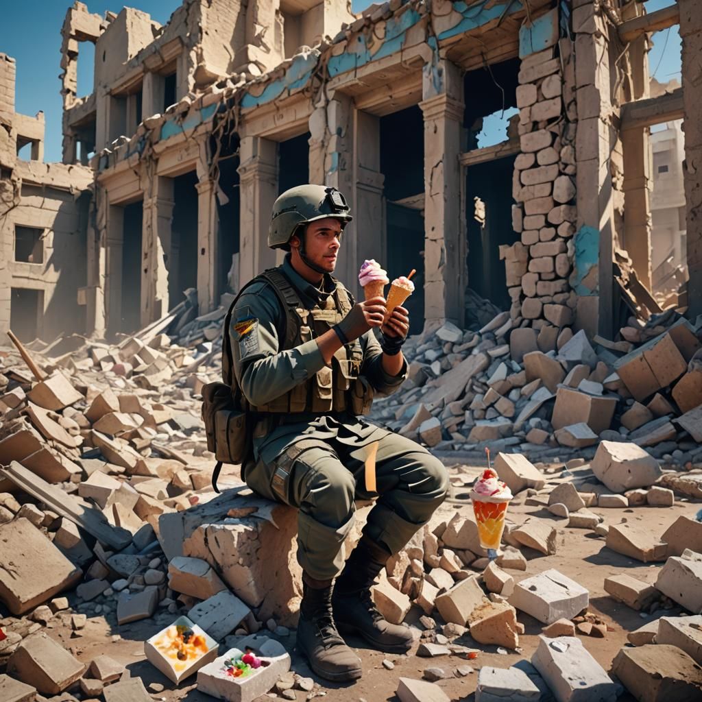 Israeli Soldier Eats Ice Cream in Gaza Ruins