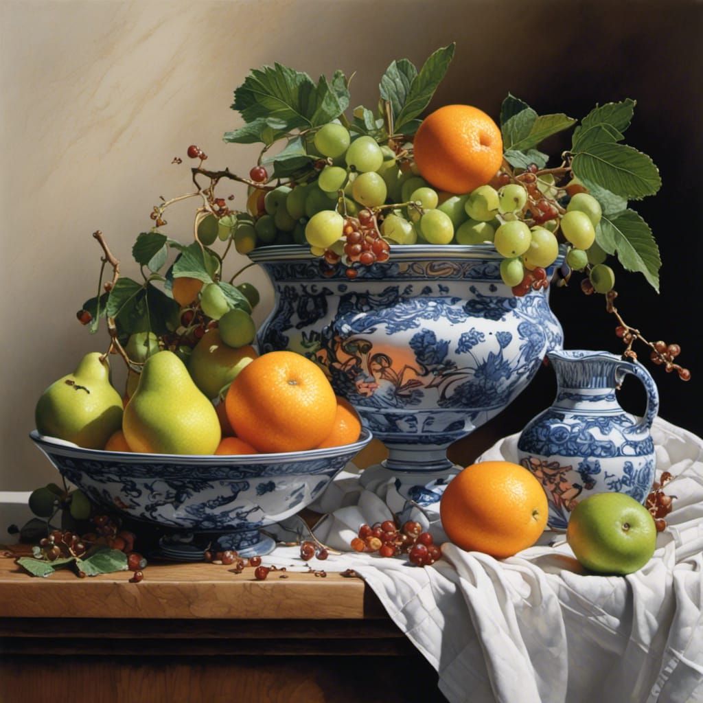 A hyper realistic oil painting of a still life fruit bowl <lora:Birds:1.0>