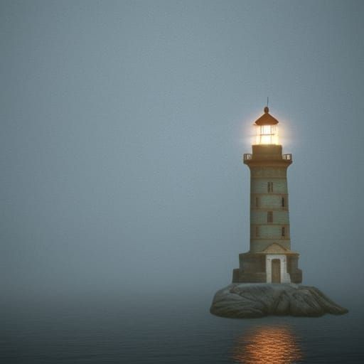 A lighthouse on a foggy, rainy night