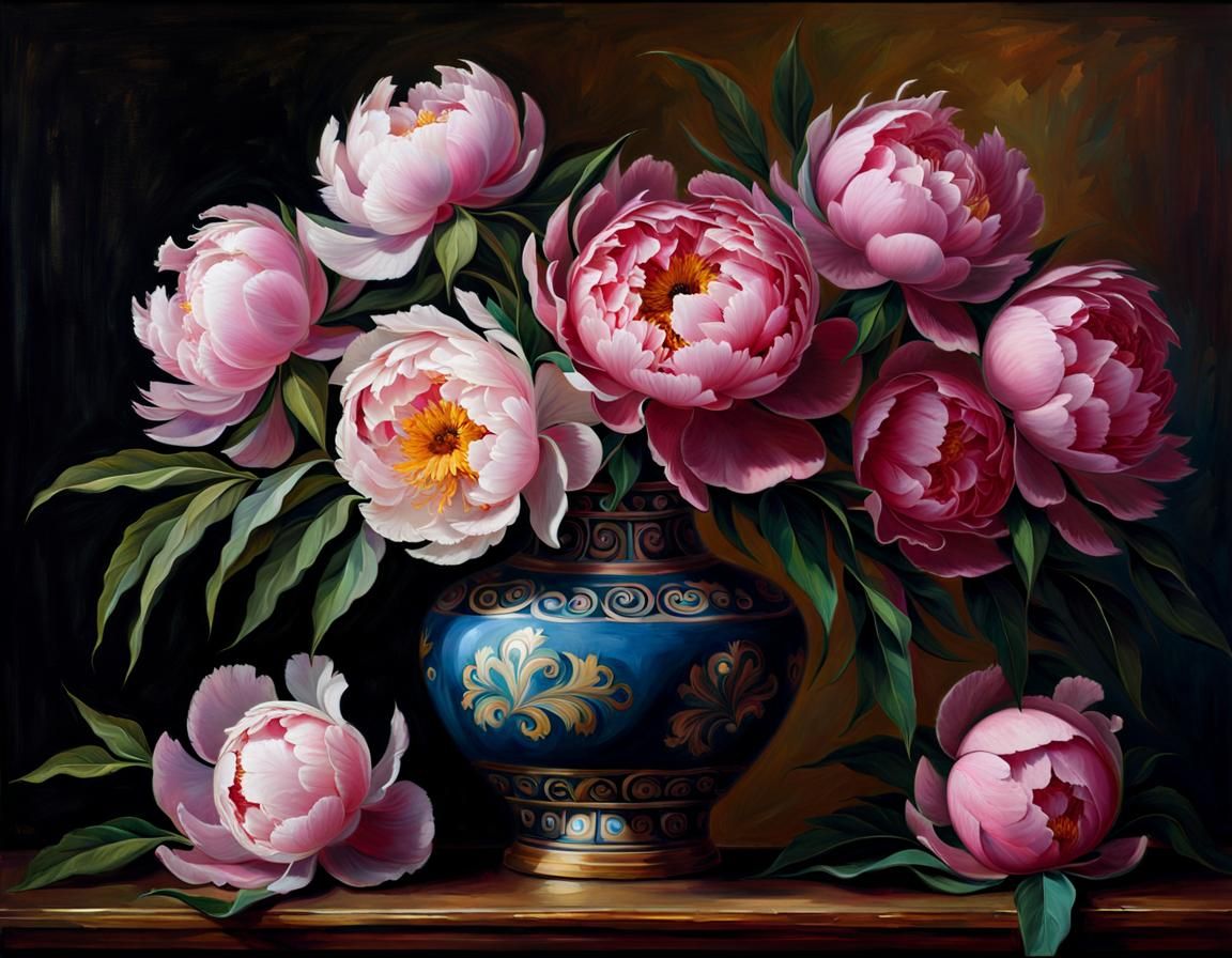 vase of peonies still life, oil painting by James Gurney, detailed matte painting, deep color, fantastical, ...  by @ukimalefu