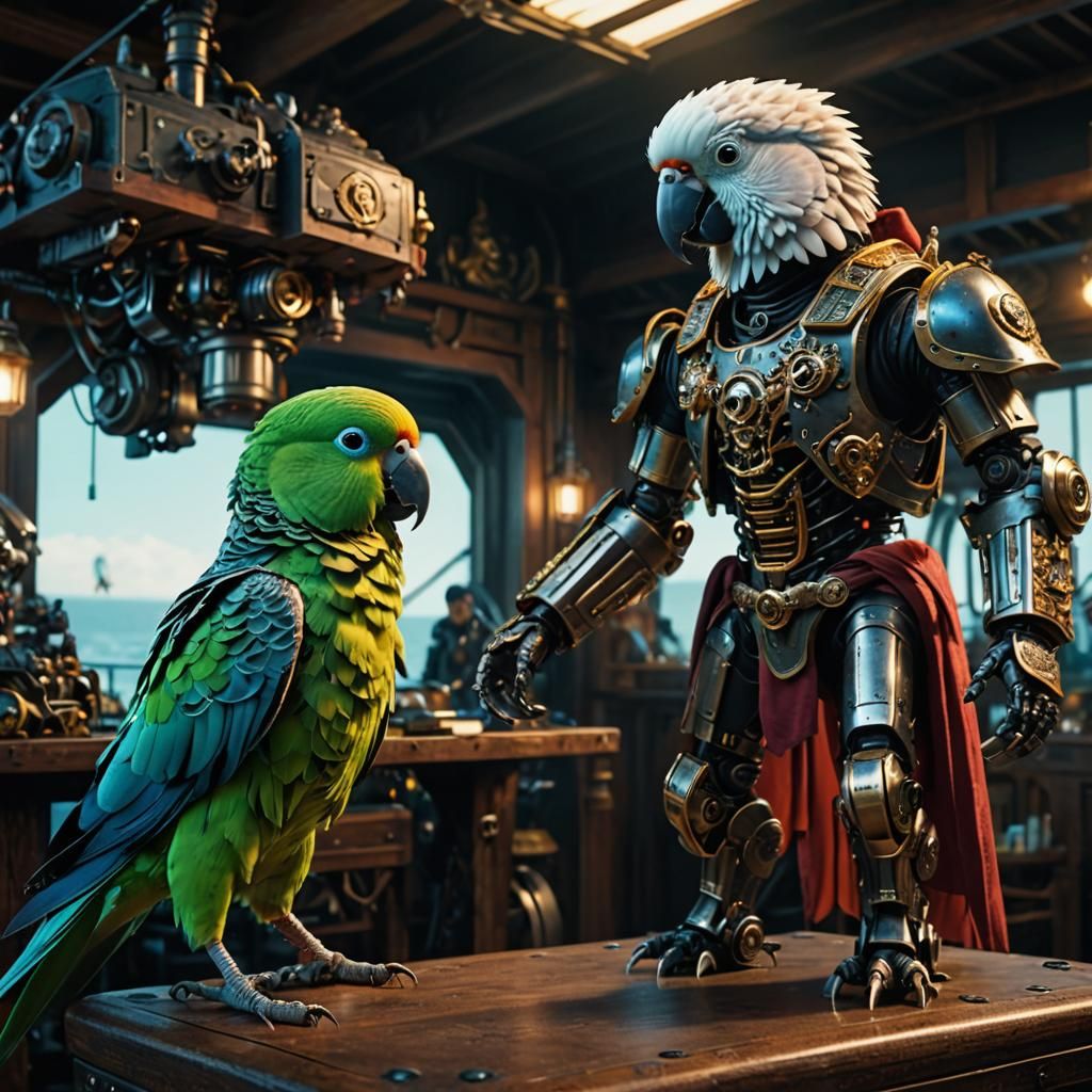 Colorful (Cyborg robot parakeet pirate 1:3), standing on tab...