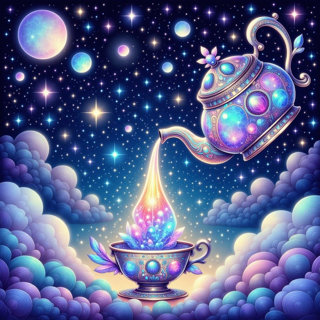 A whimsical watercolor illustration of a teapot pouring a stream of vibrant, shimmering stars and nebulae into a teacup. A celestial landsca...