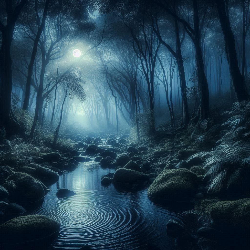 Mystic Moonlit Forest Stream