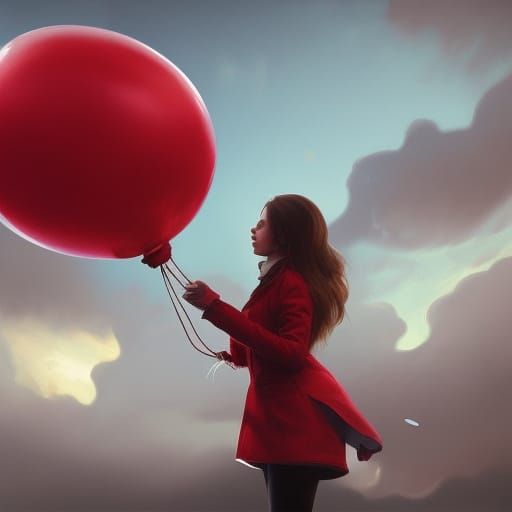 girl red coat holding large red balloon, cloudy sky