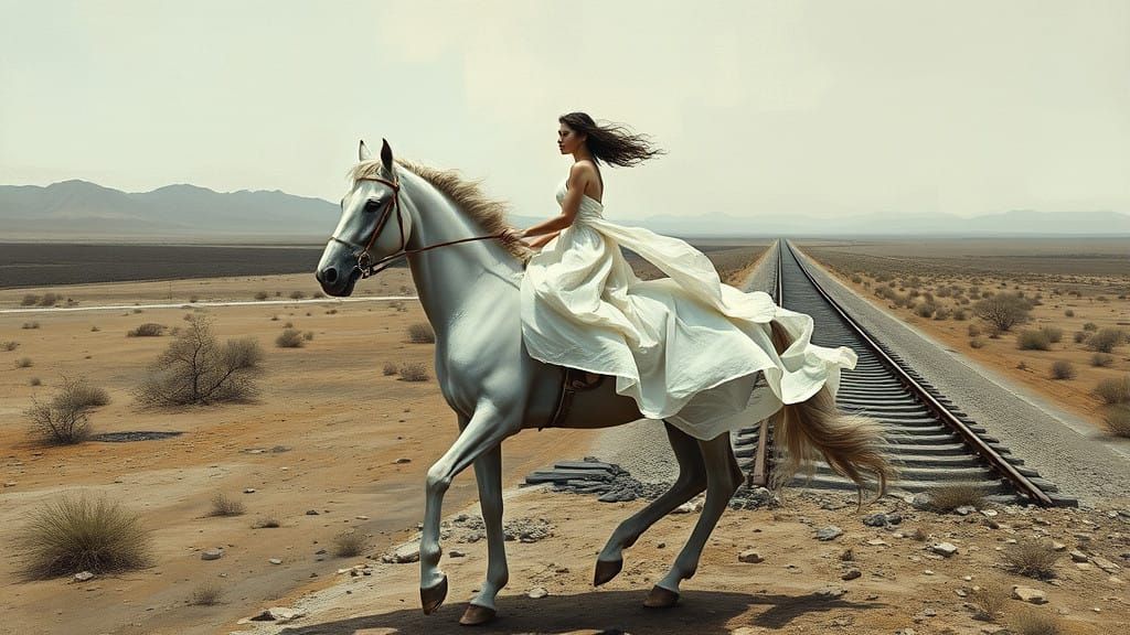 Ethereal Woman Rides Pale Horse Through Post-Apoca... - AI Art