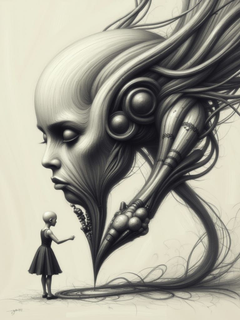 Mechanical Girl Takes Shape in Eerie Impasto Drawing