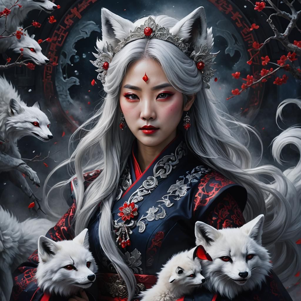 korean lady silver hair black dress red crystals white fox ears vampire
