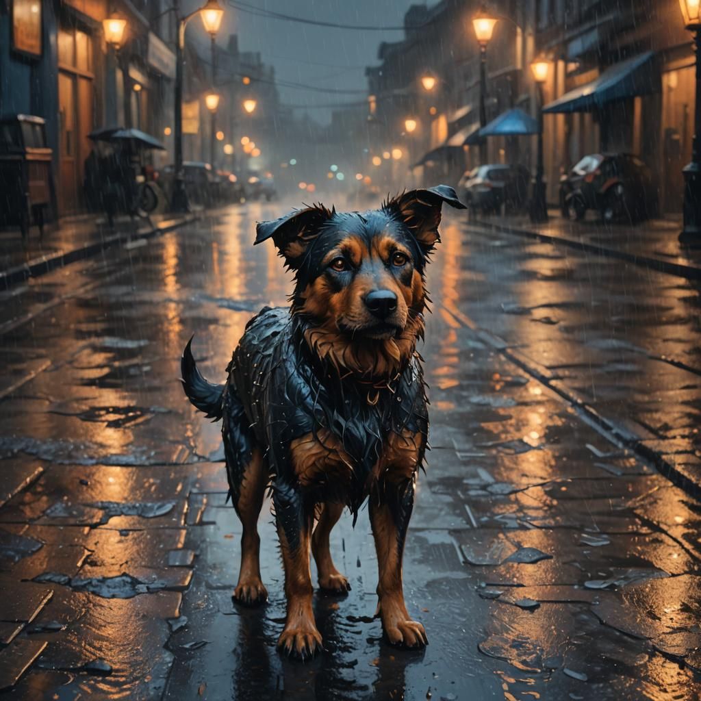 dog, dark lighting, muddy streets, night, close up, sad