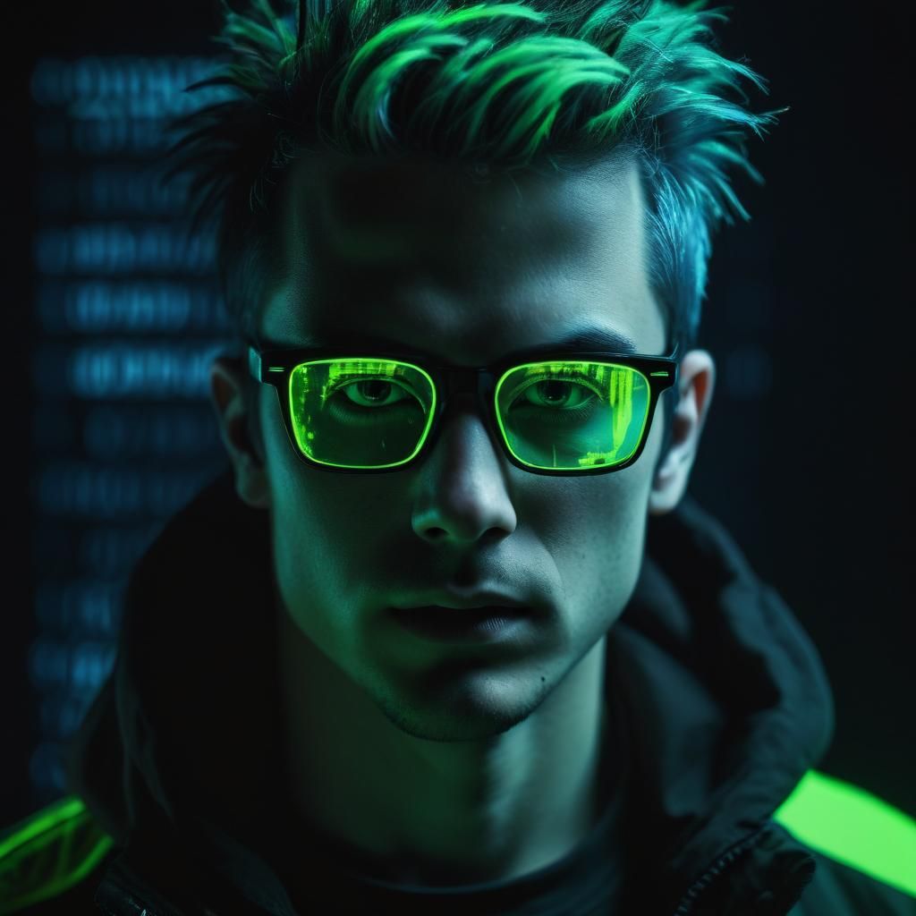 Cyberpunk Hacker Portrait in Neon-Lit Dystopia
