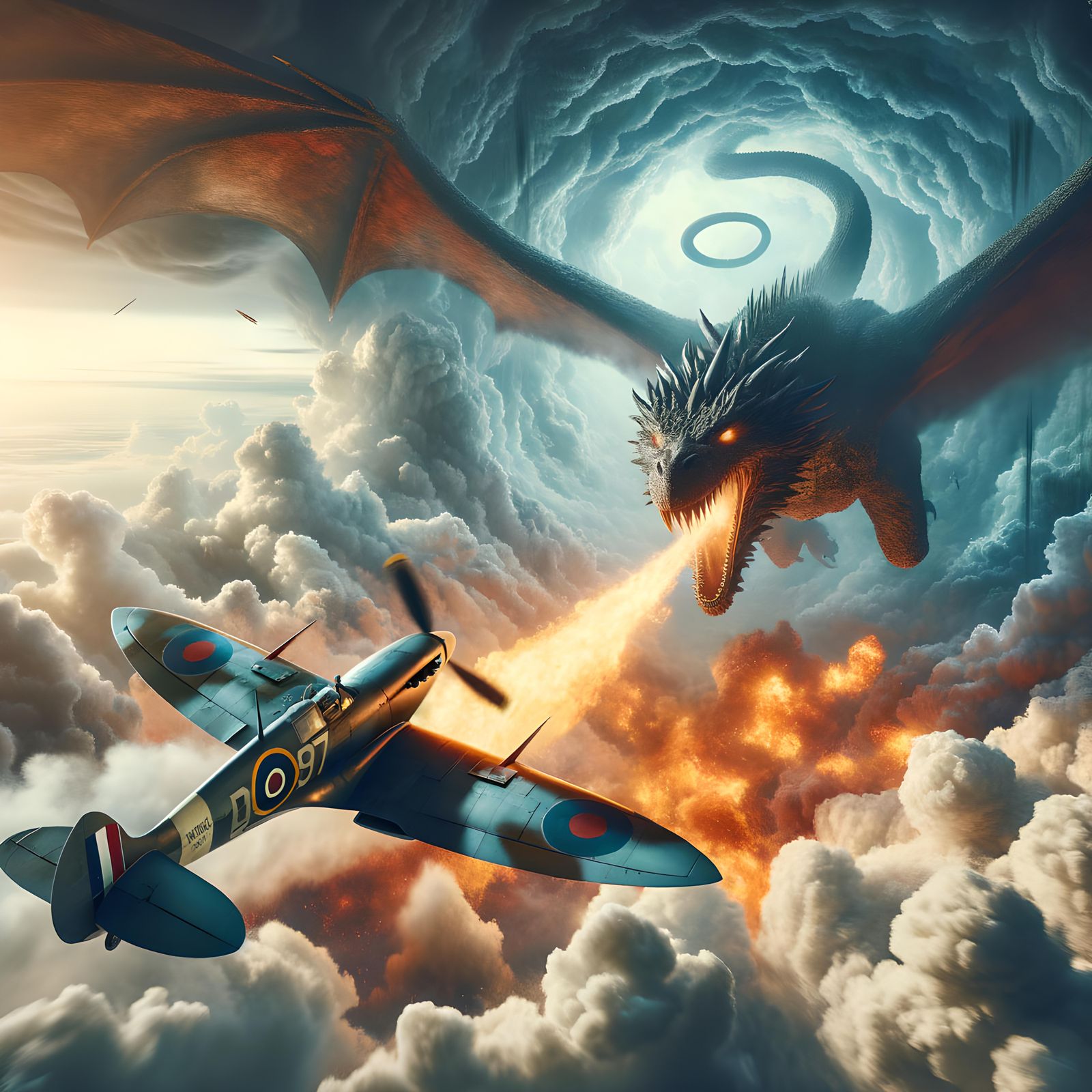 The dragon spits fire at the Spitfire