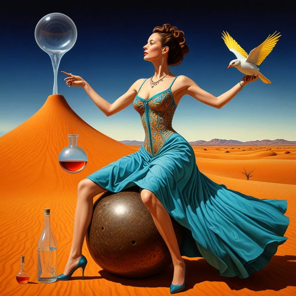 Eccentric Lady in Surreal Landscape, Hyperrealistic Portrait