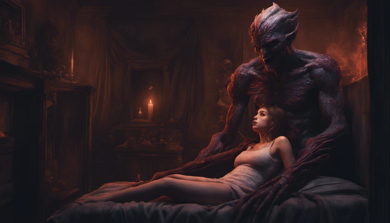 Sleep Paralysis demon sitting on chest of girl while she sle...