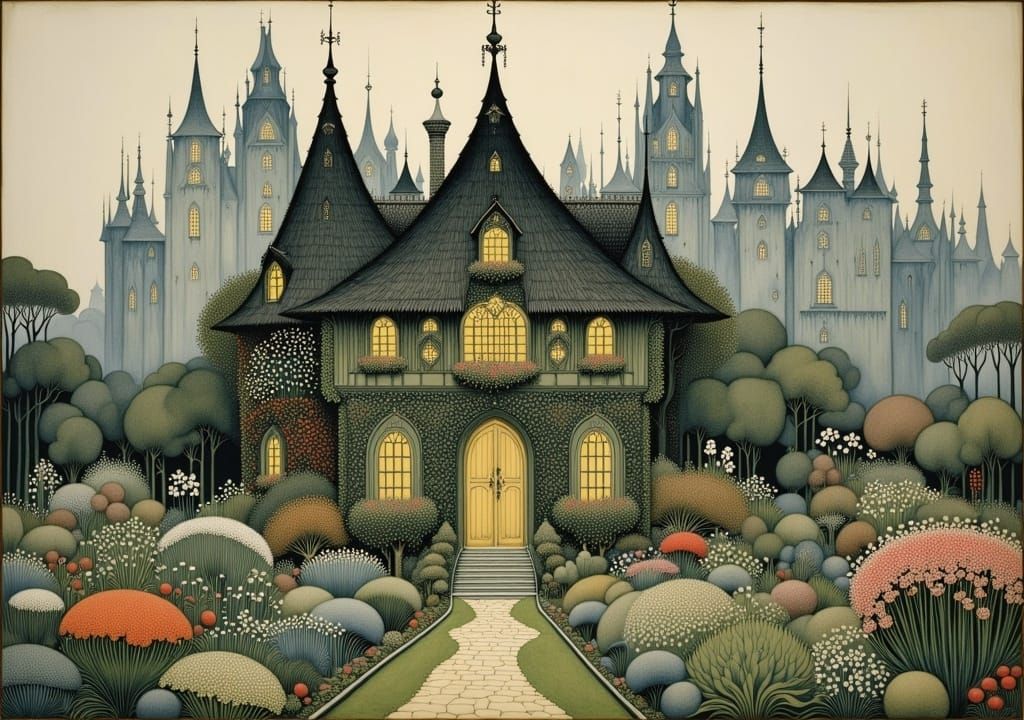 in a gray forbidding city a cozy little cottage in a lush blooming garden is wedged between big gray forbidding blocks of flats in a gray fo...