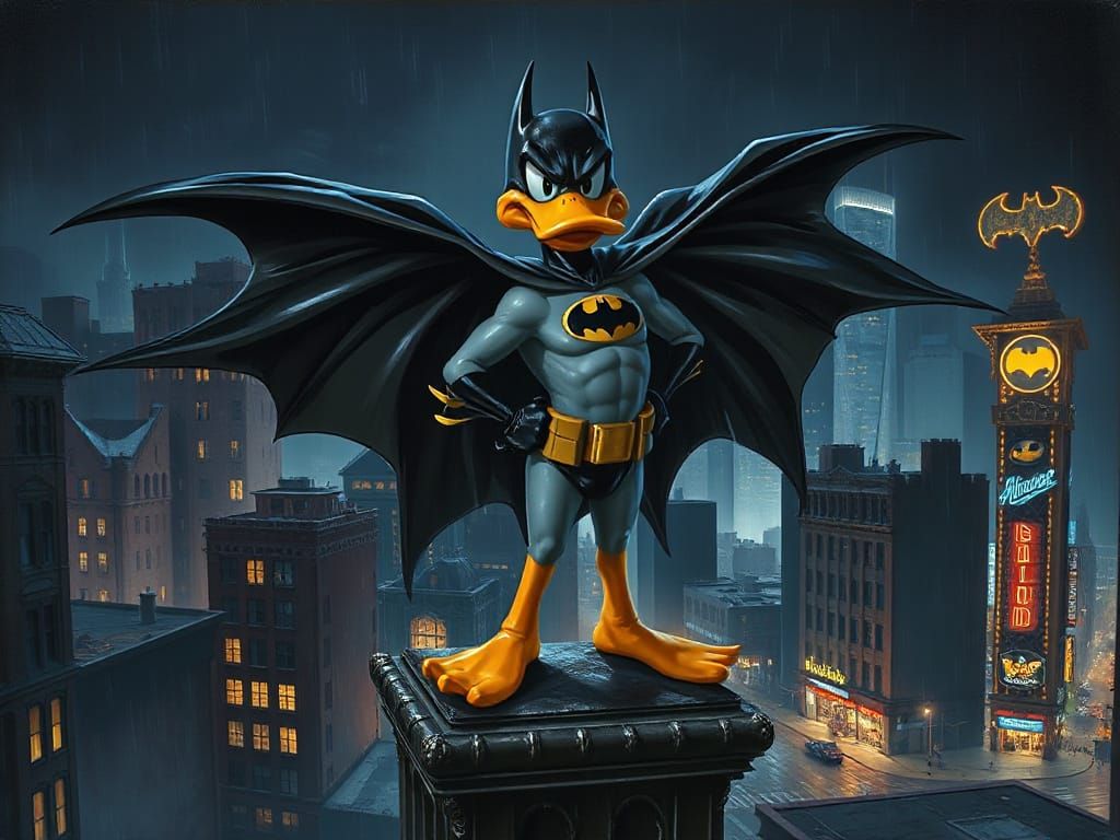 Daffy thinks, "My costume is impeccable! No one in the streets below will ever guess I'm not a bat!"  by @Lorendiac H