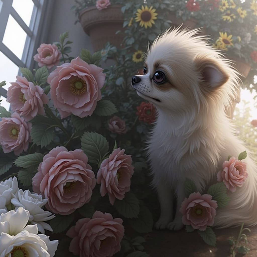 Chihuahua sitting in a garden of roses and sunflowers