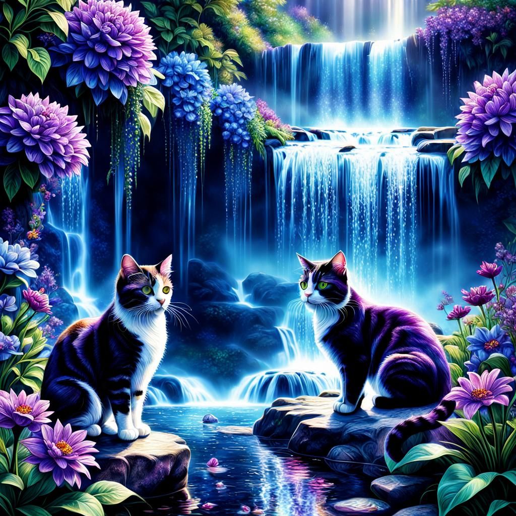 Cats by Crystal Waterfalls with Flowers in HDR
