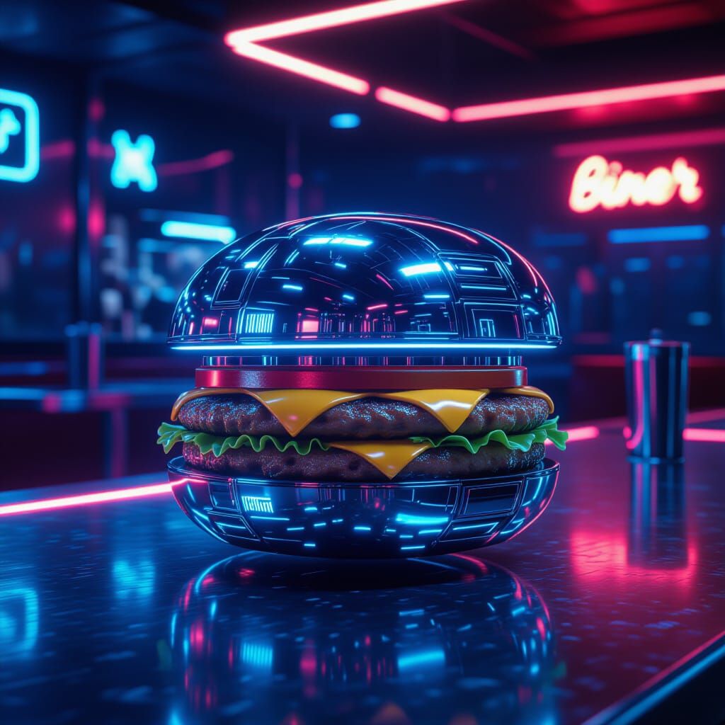 Futuristic Robotic Hamburger in Neon Diner