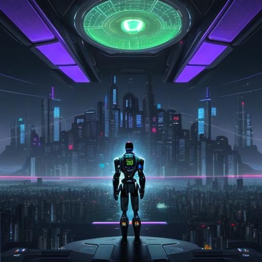 Digital art in Cybernetic style of a city where humans and r...