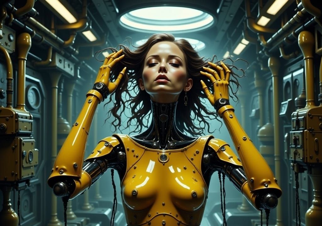 An android woman blow drying her hair in a space station cabin her metal body and articulate hands are painted a yellow color intricate deta...