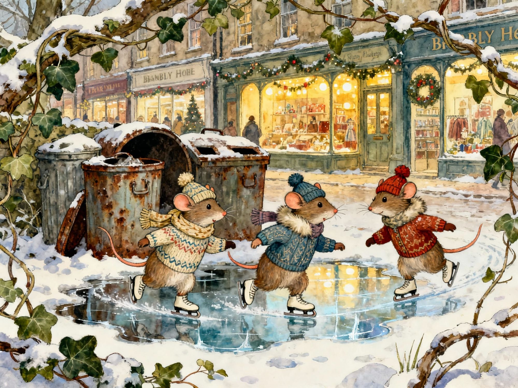 the cute mouse family, wearing warm winter clothes, is skating on a frozen puddle behind the garbage cans, in the background you can see a b...