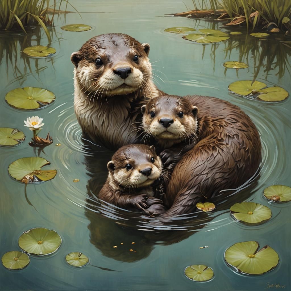 Otter and her cute babies  by @nonaivo