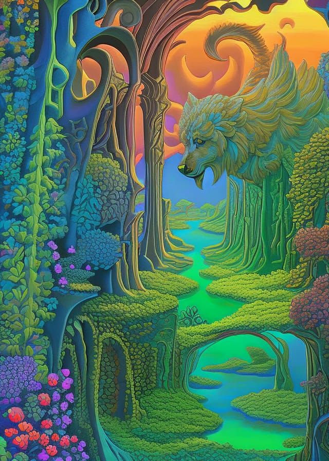 Rotbotic, cyber kinetic puppy  ,  psychedelic art, hyperdeta...