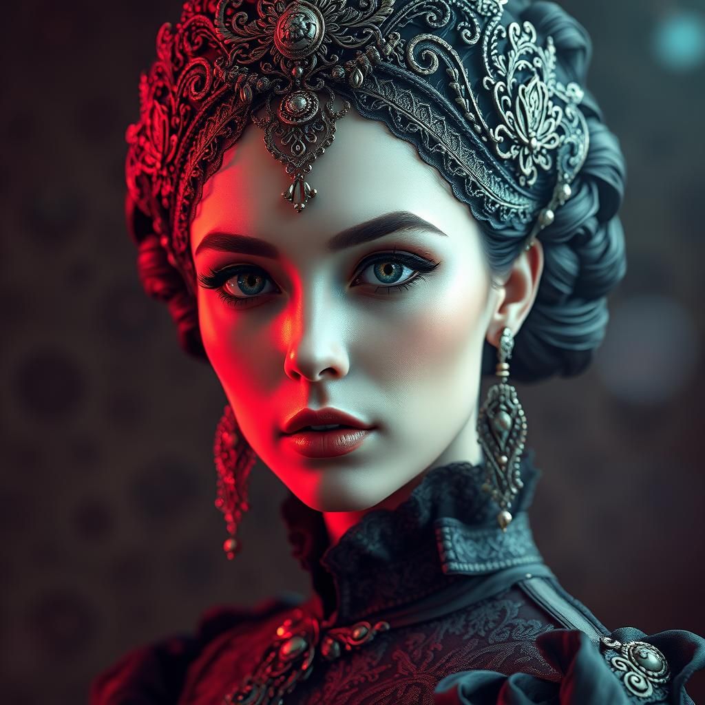 A woman with elaborate, Victorianinspired attire and an intricate
