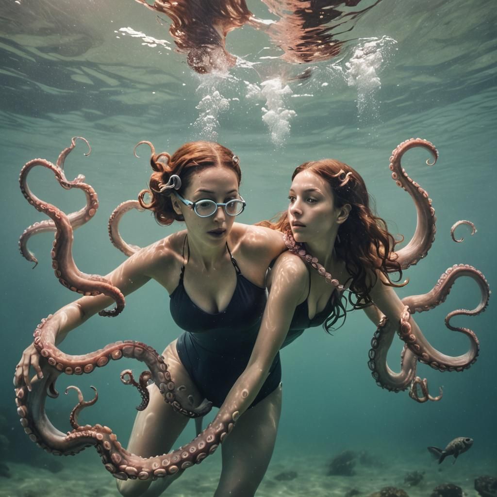 Woman swimming under water with an octopus