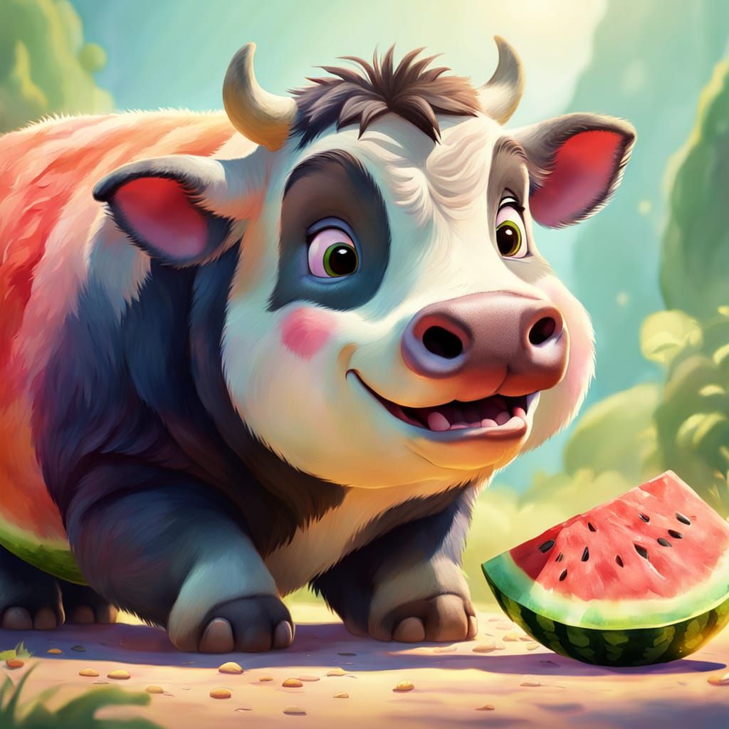 Chubby Calf Eats Watermelon in Pixar Style