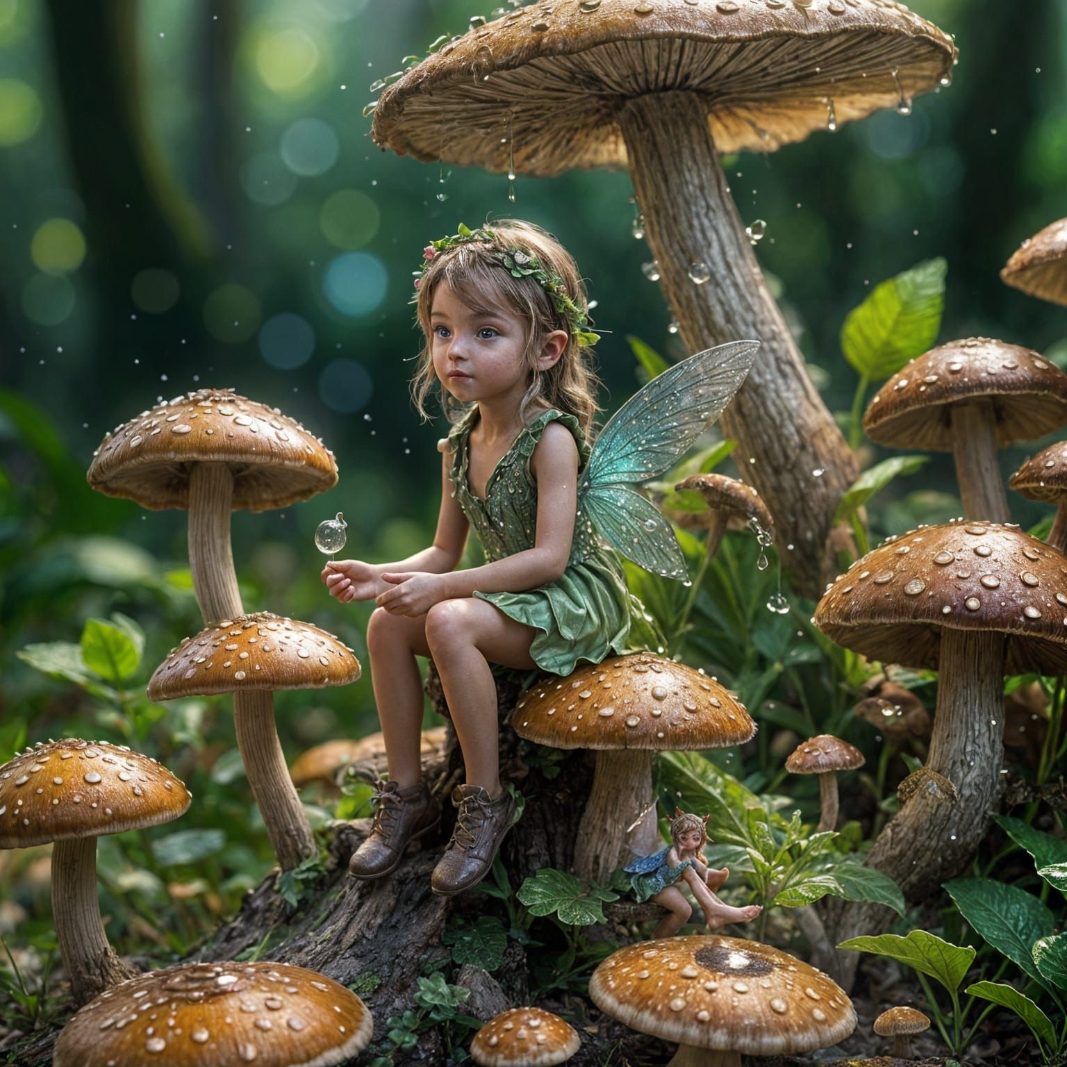 Macro photography of a tiny fairy sitting on a mushroom. Dew drops reflect the morning light.
