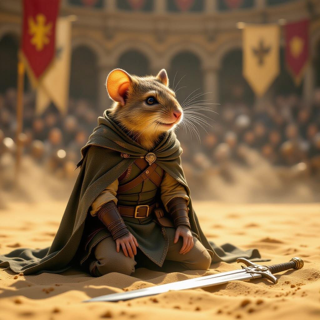 Finn, the anthropomorphic forest mouse wanderer, has collapsed onto the sand of a grand arena after a brutal battle. Exhausted and wounded, ...