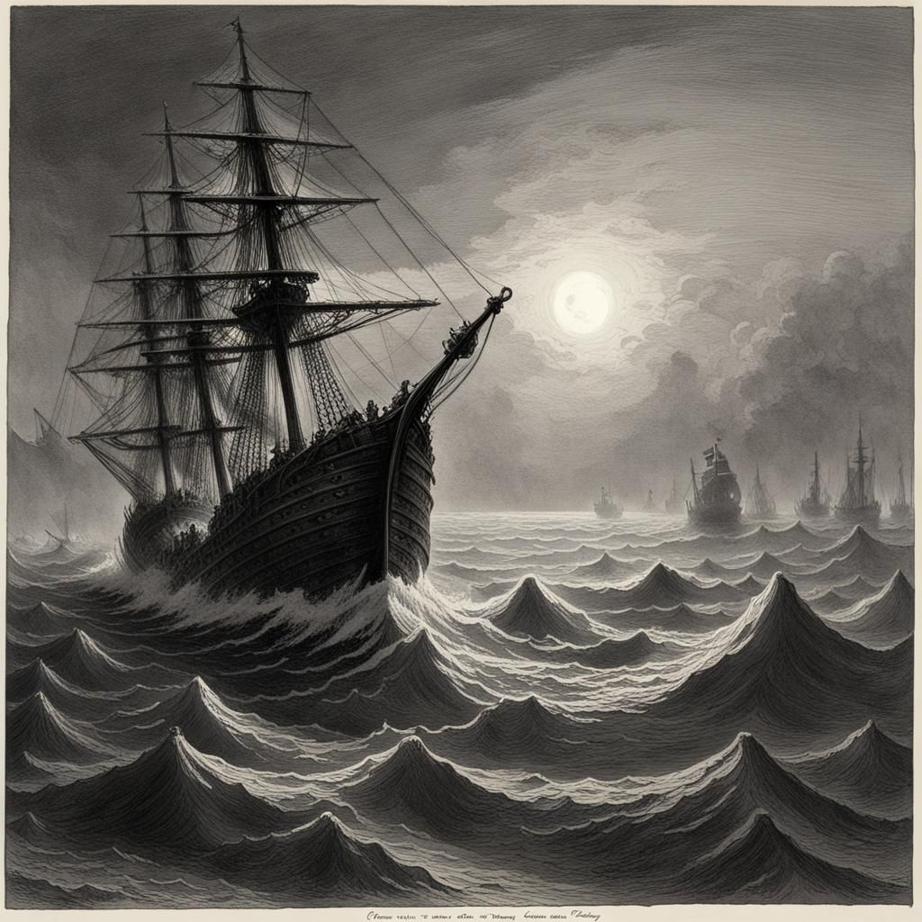 Wooden ship on the open water. Giant tentacles are attacking...
