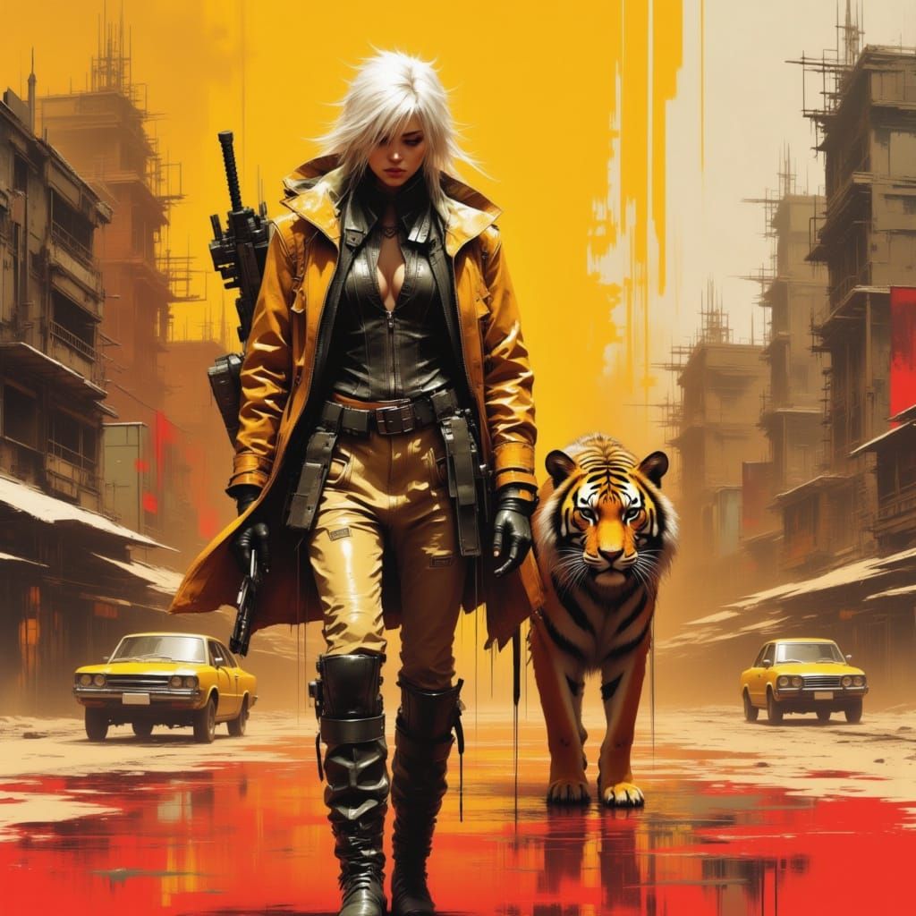 Cyberpunk Desert Warrior With Tiger in Sci-Fi City