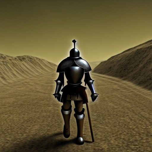 a knight walking through a wasteland