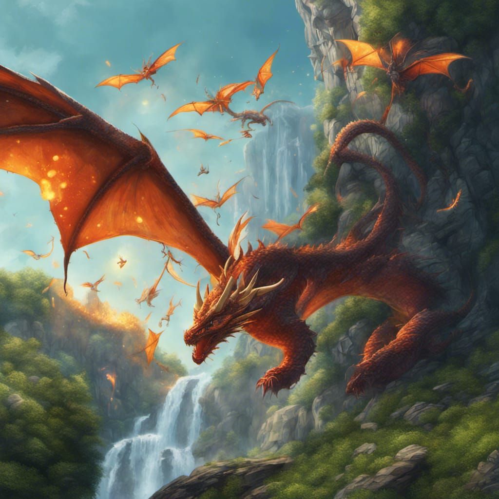 Dragons diving from big cliffs, green cliff landscape, waterfall ...