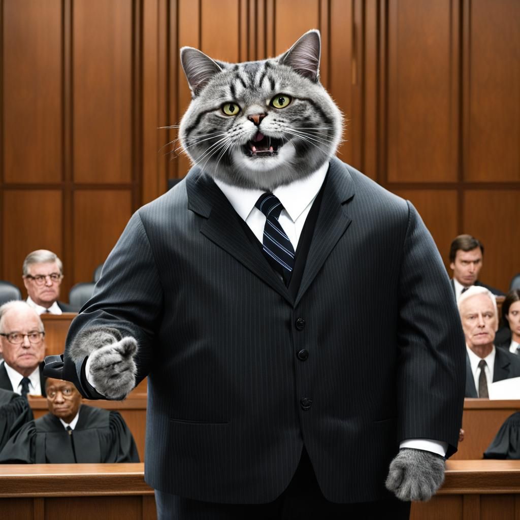 cat in suit and tie speaking in front of a judge in a courth...
