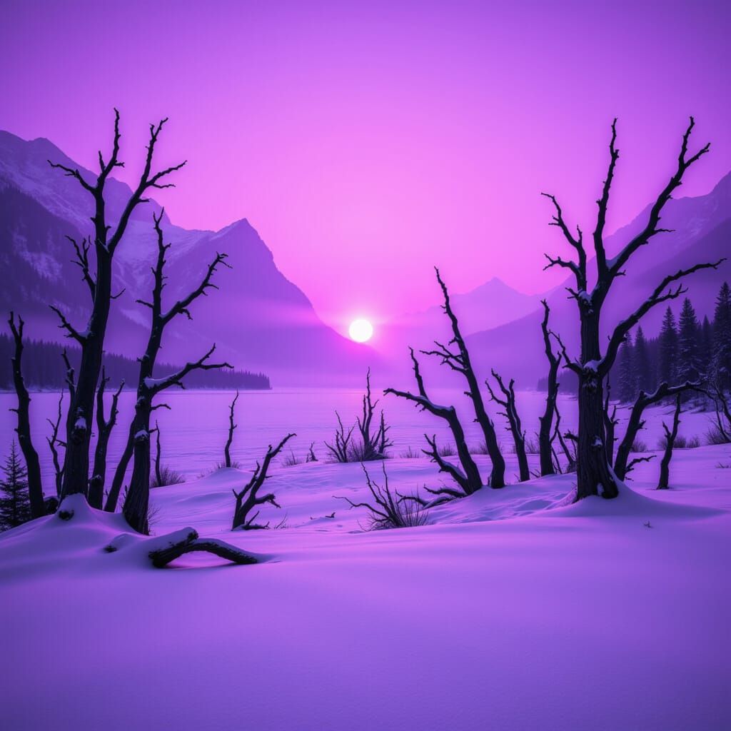 <lora:Purple Haze:1.0> Concept art, medium shot of a magical, vivid purple haze sunrise over a serene snow-covered mountain lake with striki...