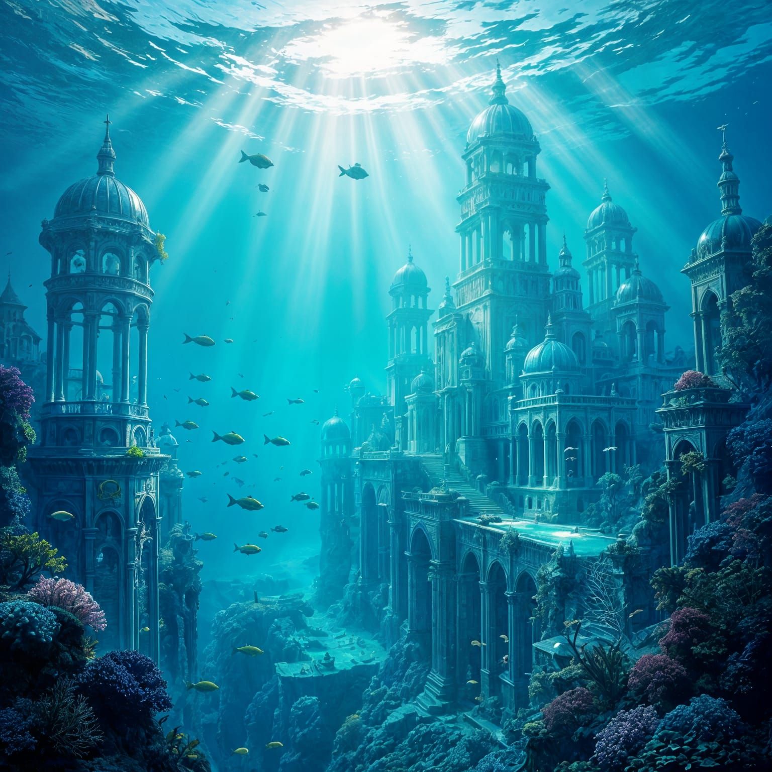 A once-great metropolis lies beneath crystal-clear ocean waters, its glass towers covered in coral and ...  by @Schoor