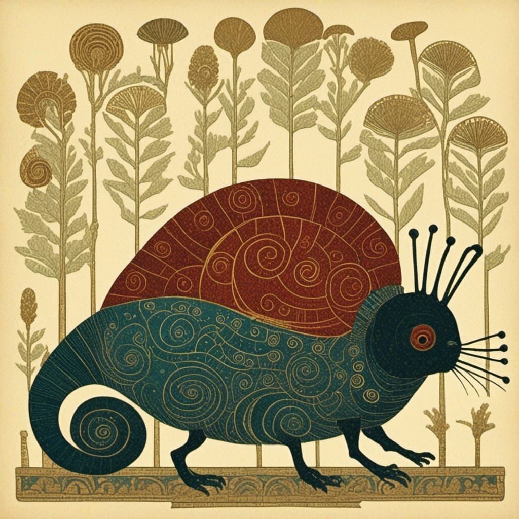 <lora:Cicada Song:1.0> cute snail creature on papyrus 