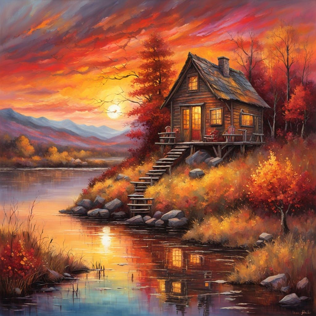 Rustic red sunset at lakeside cabin  by @TravellerUK