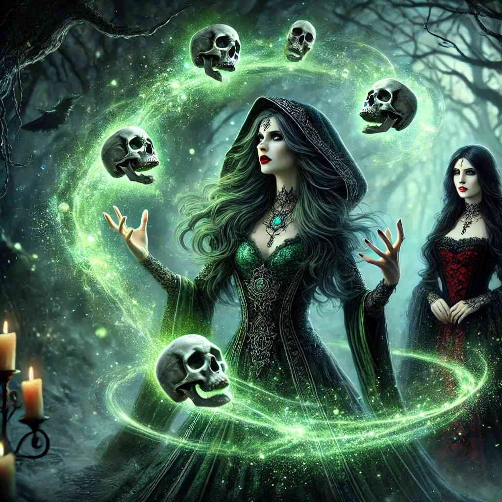 Witch and wife playing with skulls