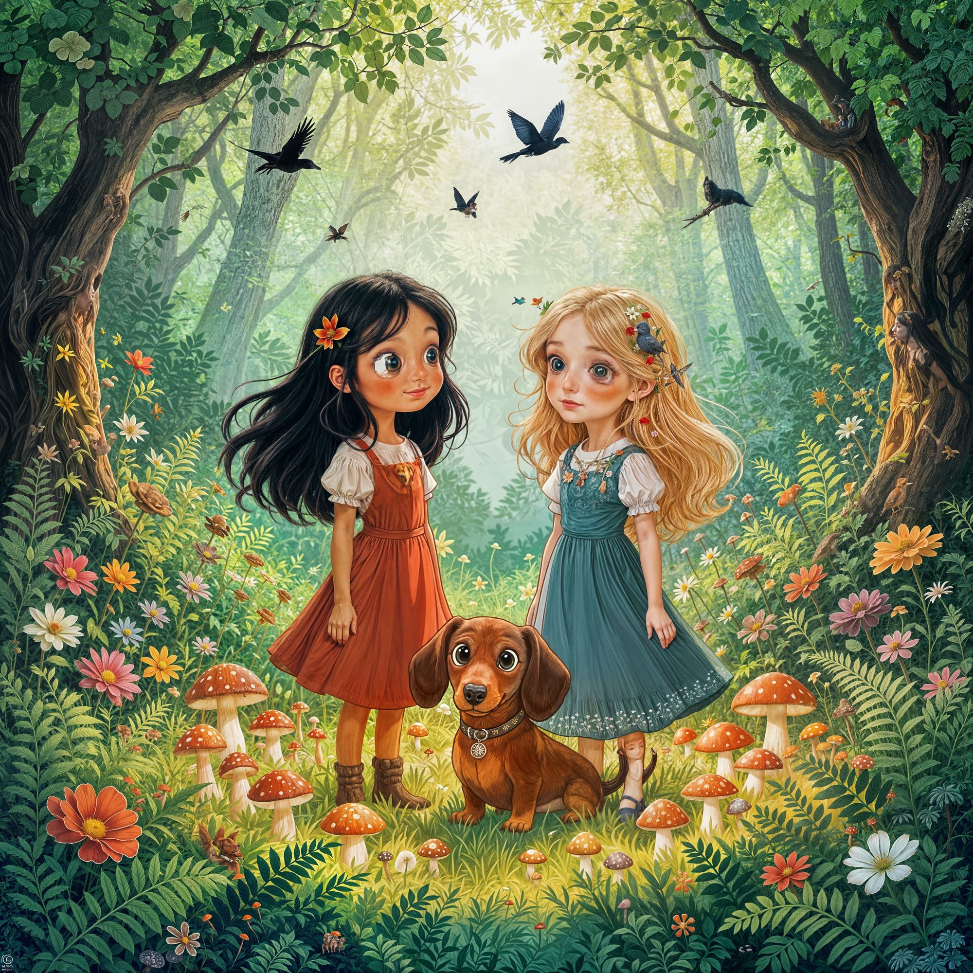 Mystical forest clearing with flowers and ferns birds and dragonflies a large circle of mushrooms dark hair girl and blonde hair girl with a...
