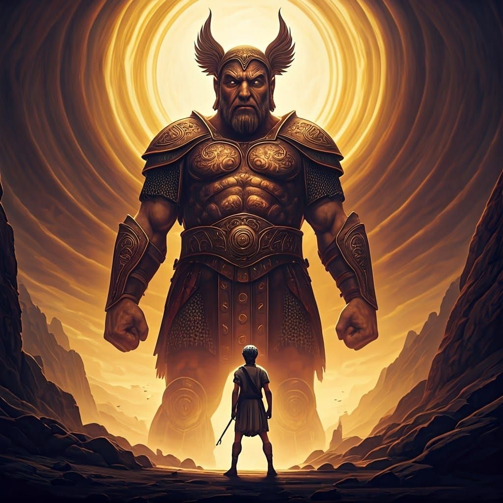 David and Goliath: Epic Battle in Matte Painting Style