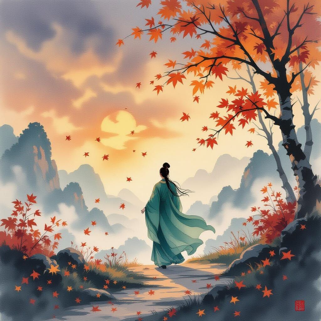 Emerald Robes Figure in Autumn Ink Wash Painting