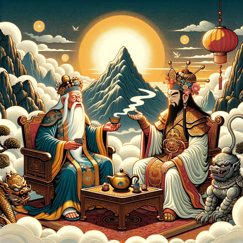 Monkey King and Li Tieguai Share Tea Before Celestial Mounta...
